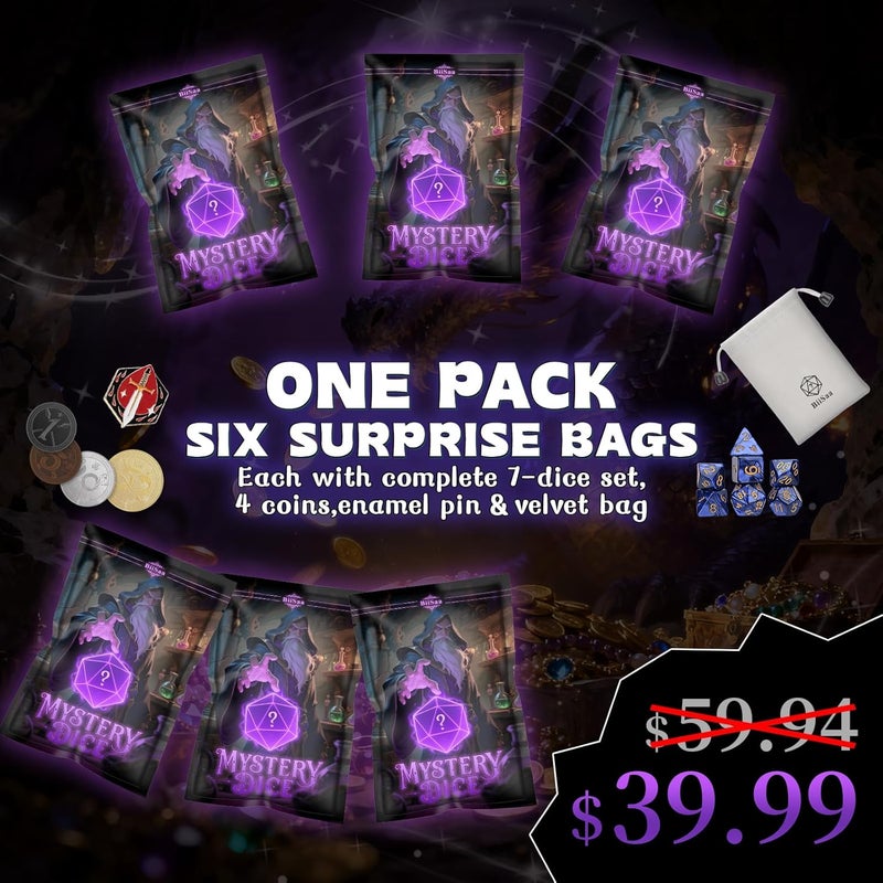 BiiSaa DND Mystery Dice Bundle – 6 Blind Bags w/ 7 Polyhedral RPG Dice, 4 Metal Coins, Enamel Pin & Velvet Bag Each – 1 in 10 to Get Premium Set – Gift for TTRPG Players, DMS & Dice Goblins (6 Packs Set) - Image 2